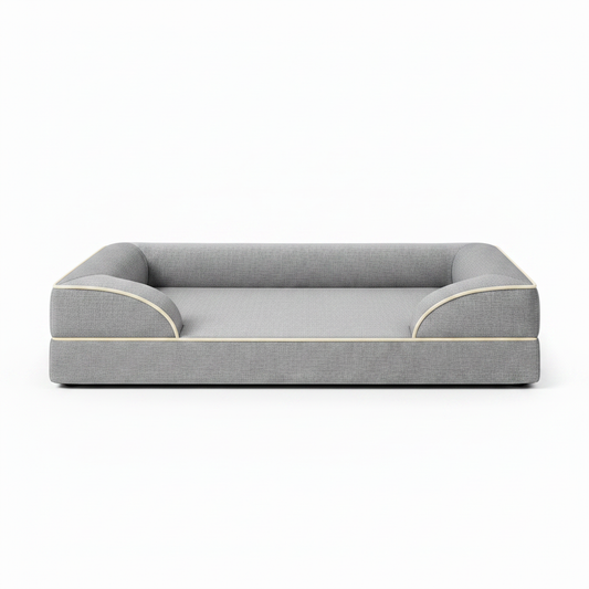 Cama cinza vista de frente